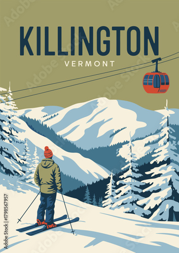 Killington Vermont Ski Resort Poster – Retro Vintage Travel Illustration, Snowy Mountain Landscape, Winter Sports Artwork, Outdoor Adventure Banner, Tourism Promotion, USA Travel Destination Vector De