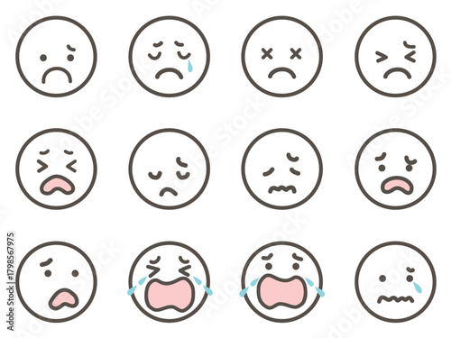 Sad Emotion Icon Set – Line Drawn Faces on Transparent Background