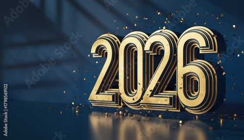 Golden 2026 numbers gleam with falling confetti, celebrating New Year's Eve.