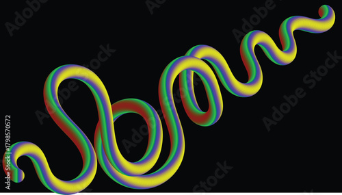 A colorful, rainbowhued, tubular ribbonlike structure twisting and turning in a spiral or serpentine path against a stark black background, creating a visually dynamic and abstract composition