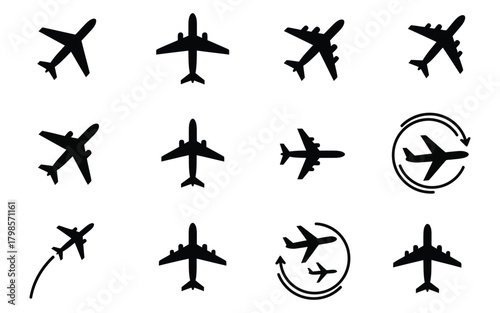Collection of twelve distinct black airplane silhouettes in various poses and orientations on a white background