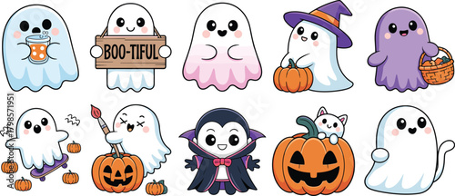 Cute Halloween ghost characters collection with pumpkins candy costumes vampire boy and adorable kawaii style illustrations perfect for festive holiday designs