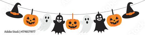 Halloween garland banner with pumpkins ghosts witch hats hanging decorations in cute simple festive style for holiday party design and decor