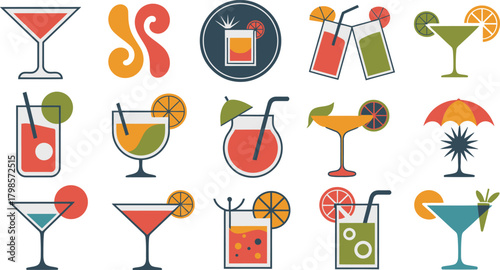 Colorful Assortment Cocktail Illustrations, Retro Design Elements, and Stylish Drink Icons Collection on White Background