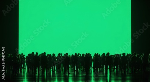 A large crowd of silhouetted people stand facing a giant, bright green screen in a dark room