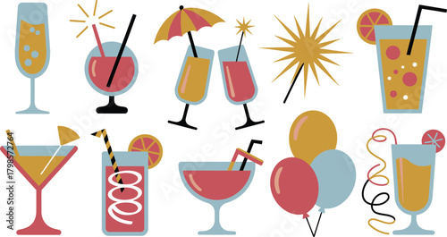 Colorful Cartoon Celebration Cocktails, Balloons, Confetti, and Starburst on White Background