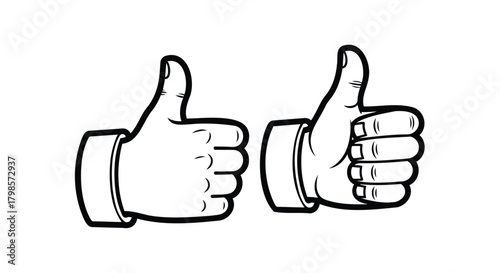 Two thumbs up icons, one with a simple outline and the other filled, isolated on