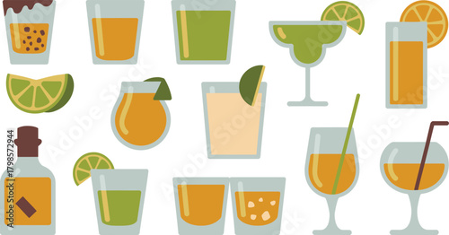 Colorful Cocktail and Liquor Glasses Illustration Shot Glasses, Margarita, and Orange Juice