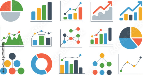 Colorful Collection of Data Visualization Charts Pie, Bar, Line, and Network Graph Illustrations