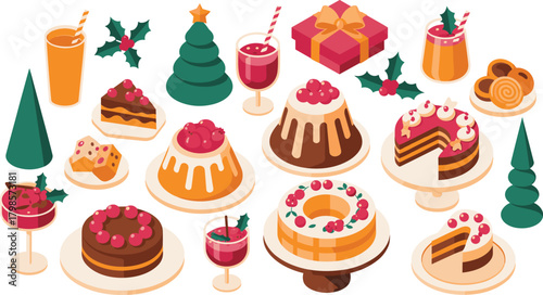 Isometric Christmas dessert collection with festive cakes, puddings, pastries, holiday drinks, holly decorations and seasonal sweets for winter celebration