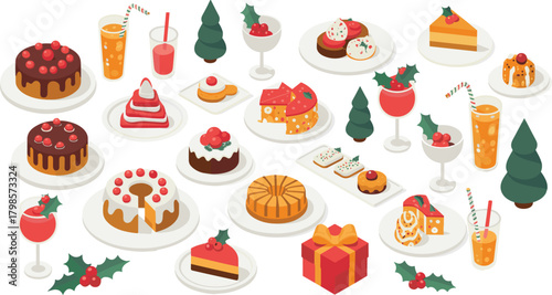 Isometric Christmas desserts collection with festive cakes, pastries, cookies, drinks, holly decorations and holiday sweets for winter celebration