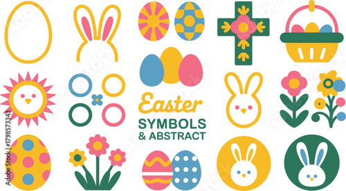 Colorful Easter Icon Set Eggs, Bunnies, Flowers, Cross, Basket Graphics