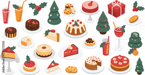Isometric Christmas desserts collection with festive cakes, pastries, cookies, drinks, holly decorations and holiday sweets for winter celebration