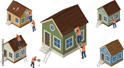 Isometric home repair workers installing security cameras, inspecting roofs, fixing windows and conducting maintenance on small residential houses with ladders