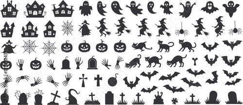 Large collection of Halloween silhouette icons featuring haunted houses bats ghosts pumpkins spiders cats graves witches hands and spooky decorative elements