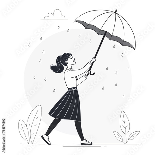 A Rainy Day Stroll: A woman gracefully navigates a gentle rainfall, shielding herself with an elegant umbrella as she takes a leisurely walk amidst the serene backdrop.