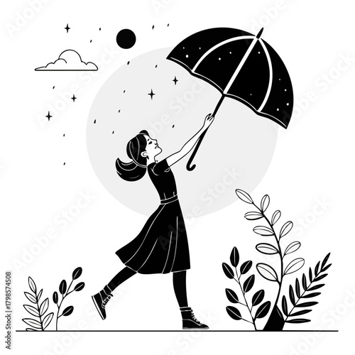 Dreamy Escapade with Umbrella: A whimsical illustration depicts a girl embracing the elements, joyfully leaping with an umbrella amidst the celestial beauty of stars and a gentle moon.