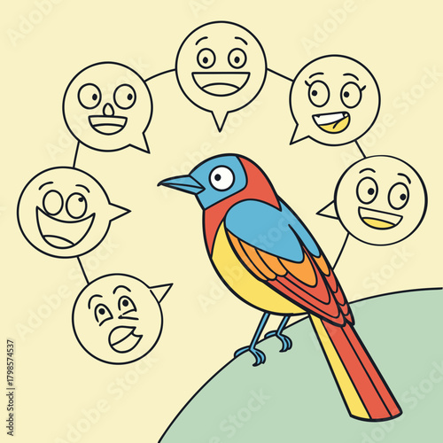Animated Bird and Emotions: A vibrantly colored bird, perched on a branch, is surrounded by interconnected speech bubbles, each depicting a different emotion.