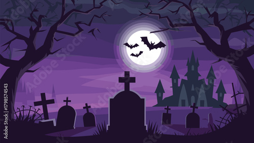 Spooky Halloween graveyard scene with full moon bats haunted castle dark trees and eerie atmosphere in purple nighttime horror illustration