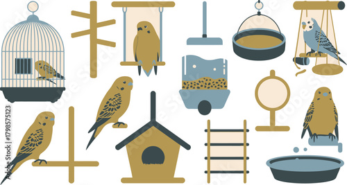 Budgies with Bird Accessories Birdcage, Birdhouse, Ladders, Feeders, and Perches Illustration, Isolated
