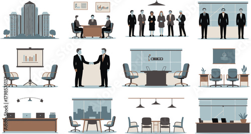 Business Meeting Illustrations Featuring Conference Rooms, Presentation Charts, Handshakes, and Office Buildings