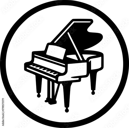 Minimalist black and white piano icon with clean lines. Simple vector design, scalable, and isolated for modern stickers, logos, or digital use.