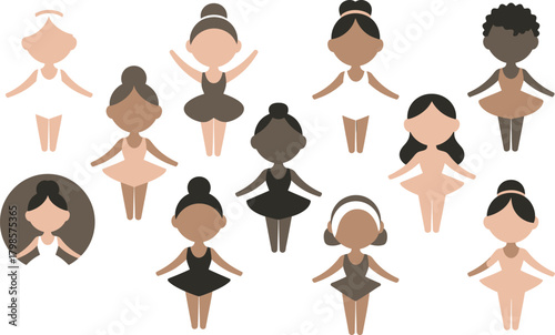Cartoon Ballerinas with Varying Skin Tones, Hair Styles, and Dresses, Presented on a White Background