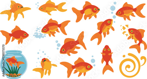 Cartoon Goldfish Collection with Aquarium and Bubbles on White Background