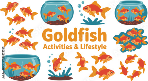 Cartoon Goldfish in Bowls and Swimming, Animated Fish, Goldfish Activities Lifestyle Illustration