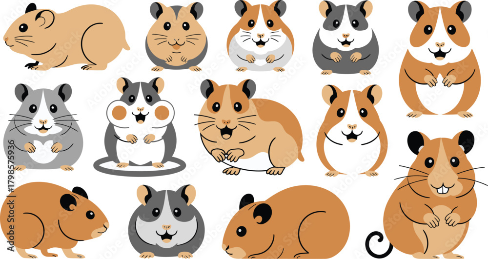 Obraz premium Cartoon Hamsters in Various Poses, Featuring Different Colors and Expressions on a White Background