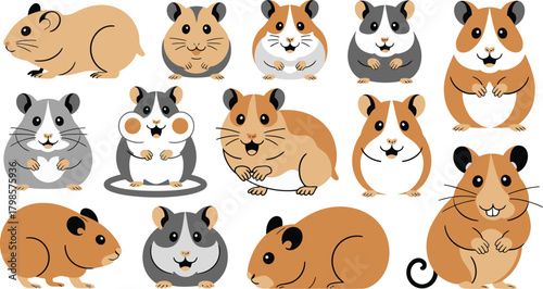 Cartoon Hamsters in Various Poses, Featuring Different Colors and Expressions on a White Background