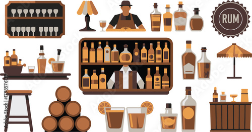 Cartoon Illustration of a Stylish Bar Featuring Bartender, Liquor, and Drinks Illustration