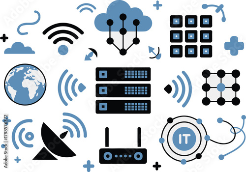 Cloud Computing, Data Servers, Network Connection, and Information Technology Elements on White Background