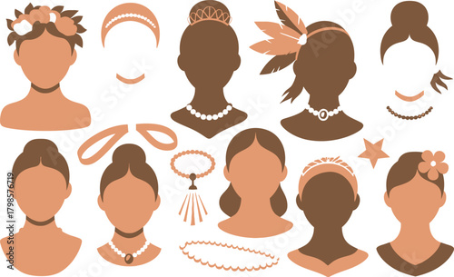 Collection of Female Silhouettes with Hairstyles, Headbands, Tiaras and Jewelry in Brown and Beige Tones