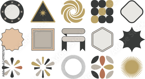 Collection of Geometric Shapes Stars, Swirls, Blossoms, Lines, Squares, Hexagons, Ribbons, and Rounded Square Design