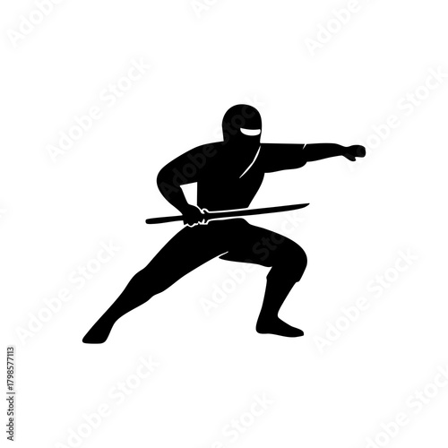 Ninja silhouette in a dynamic action pose, minimalistic vector style on a white background