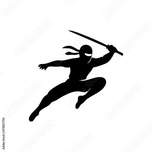 Ninja silhouette in a dynamic action pose, minimalistic vector style on a white background