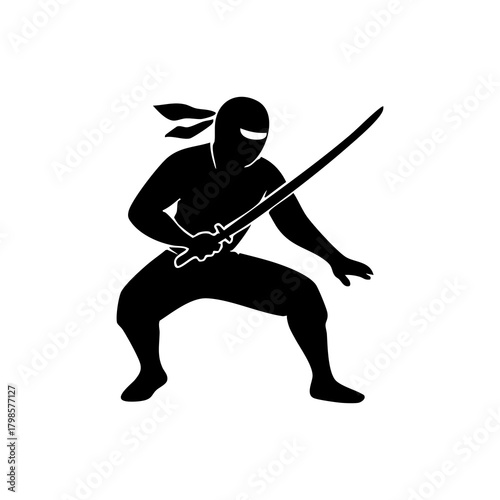 Ninja silhouette in a dynamic action pose, minimalistic vector style on a white background