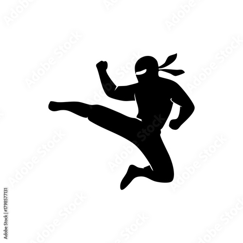 Ninja silhouette in a dynamic action pose, minimalistic vector style on a white background