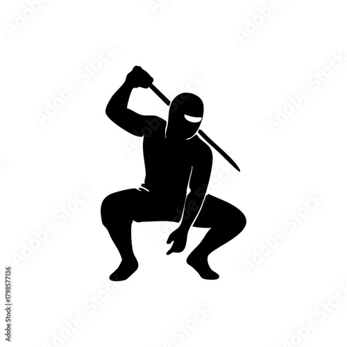Ninja silhouette in a dynamic action pose, minimalistic vector style on a white background