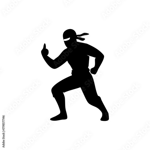 Ninja silhouette in a dynamic action pose, minimalistic vector style on a white background