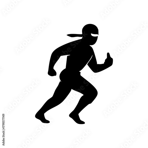 Ninja silhouette in a dynamic action pose, minimalistic vector style on a white background