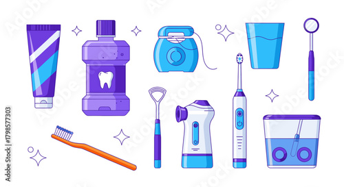 Collection of dental hygiene products and tools for oral care, isolated on