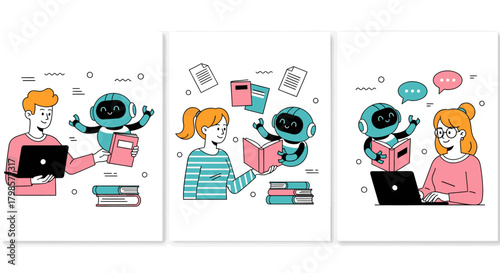Three panels showing a person interacting with a robot, learning and working together