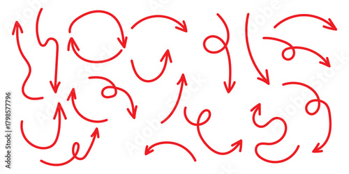 set of hand drawn arrows in sketch style. Includes different directions, curved lines, and doodle style symbols.