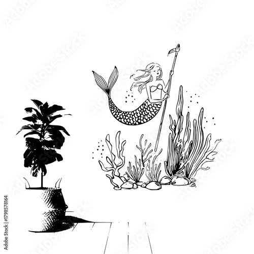 Illustration of a mermaid with seaweed and a plant in a pot on a wooden floor design art