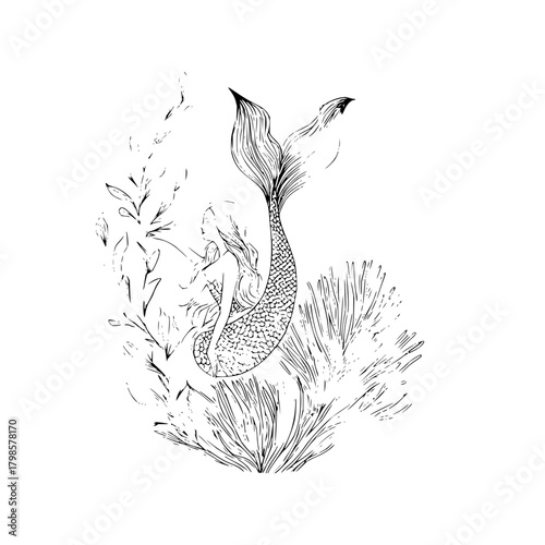 A mermaid with flowing hair and a detailed tail swimming amongst sea plants in black and white sketch style