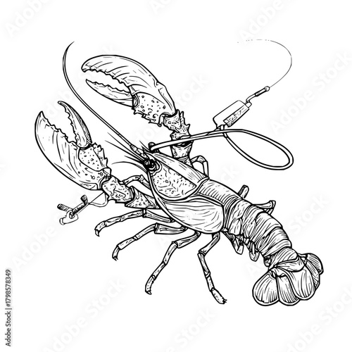 Detailed line art of a lobster with large claws and a fishing lure attached to its antenna end
