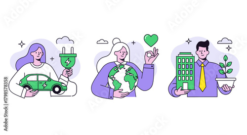 People holding symbols of green energy, ecofriendly car, and sustainable building, representing environmental consciousness