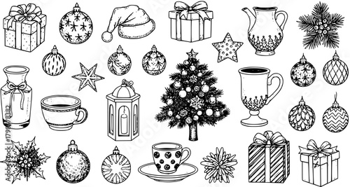 Hand-Drawn Christmas and Winter Holiday Doodle Set. Festive Line Art Collection of Gift Boxes, Ornaments, Tree, Santa Hat, Mugs, Lantern, and Seasonal Decorations.